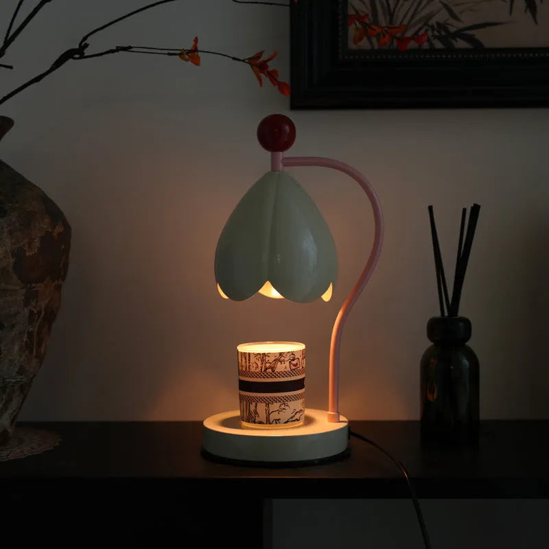 Linglan ancient style wax melting lamp with metal base in cream white or dark green