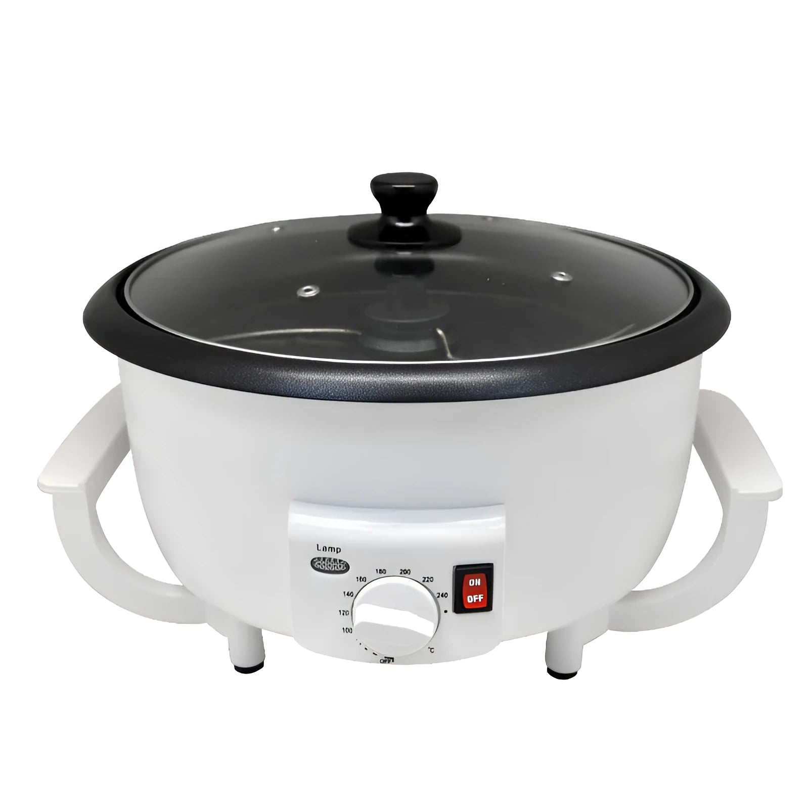 White electric coffee bean roasting machine with 750g capacity and oblate drum design on kitchen counter