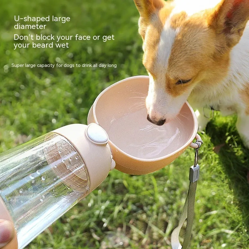 3086 model portable dog water bottle and feeder bowl in yellow, pink, or brown colour.
