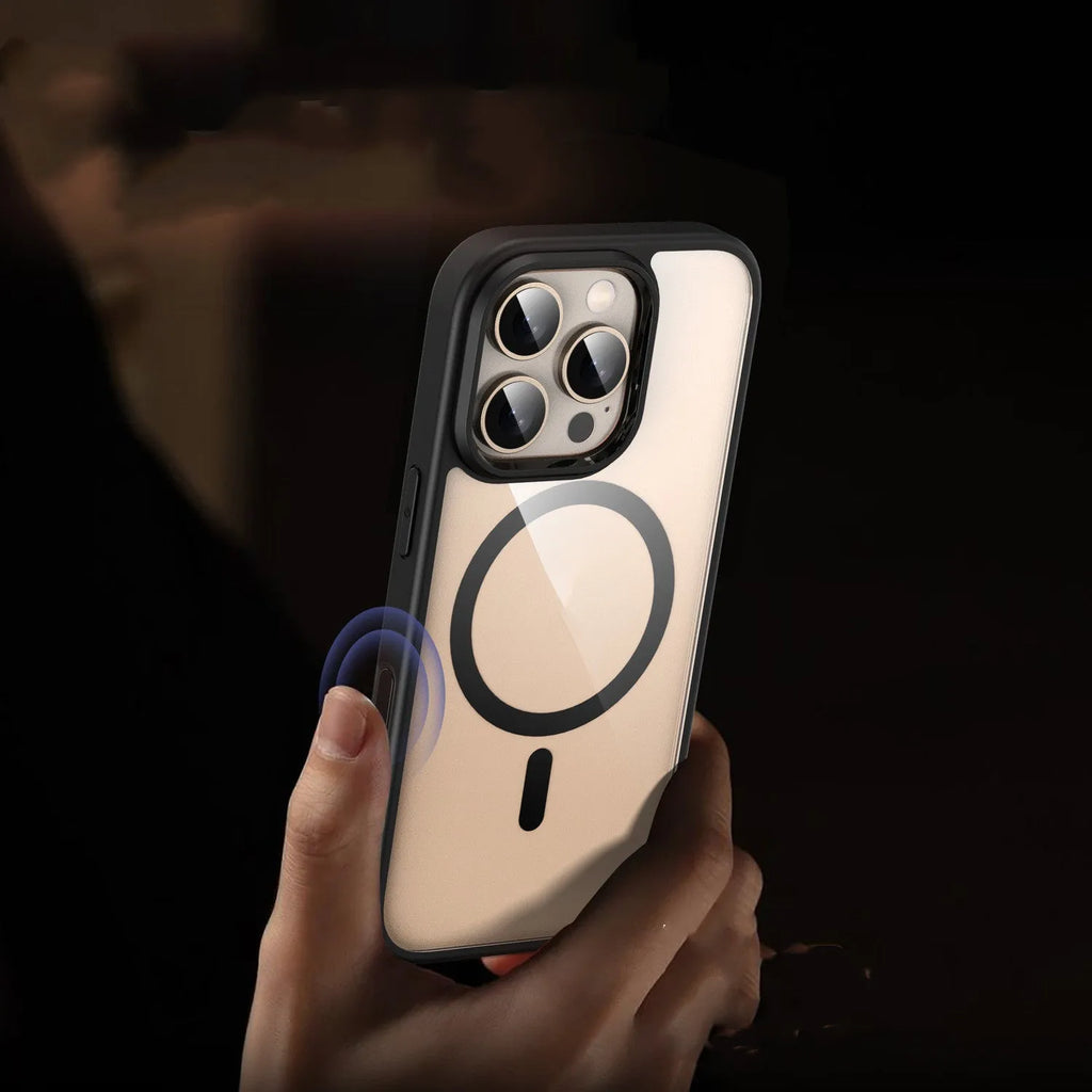 Transparent magnetic phone case for iPhone 16 showing MagSafe compatibility and airbag protection elements