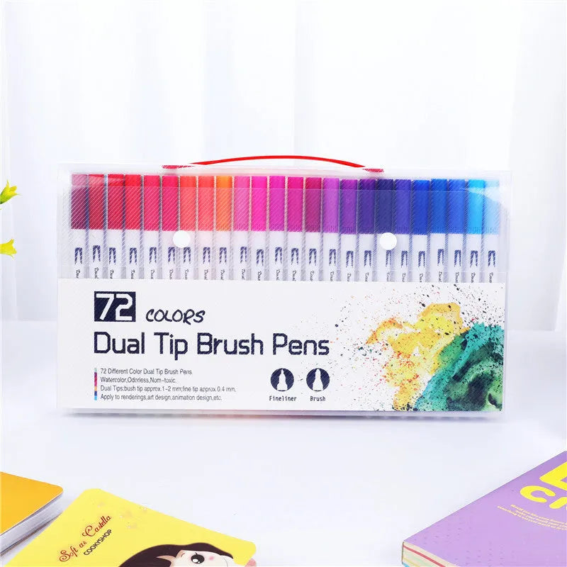 Set of watercolour pens in a plastic casing, showing nib tips, available in 48, 60, 72 and 100 colour sets.