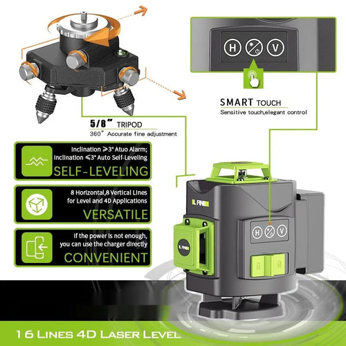16 line green laser level tool with nylon and aluminium housing for 3D alignment projects