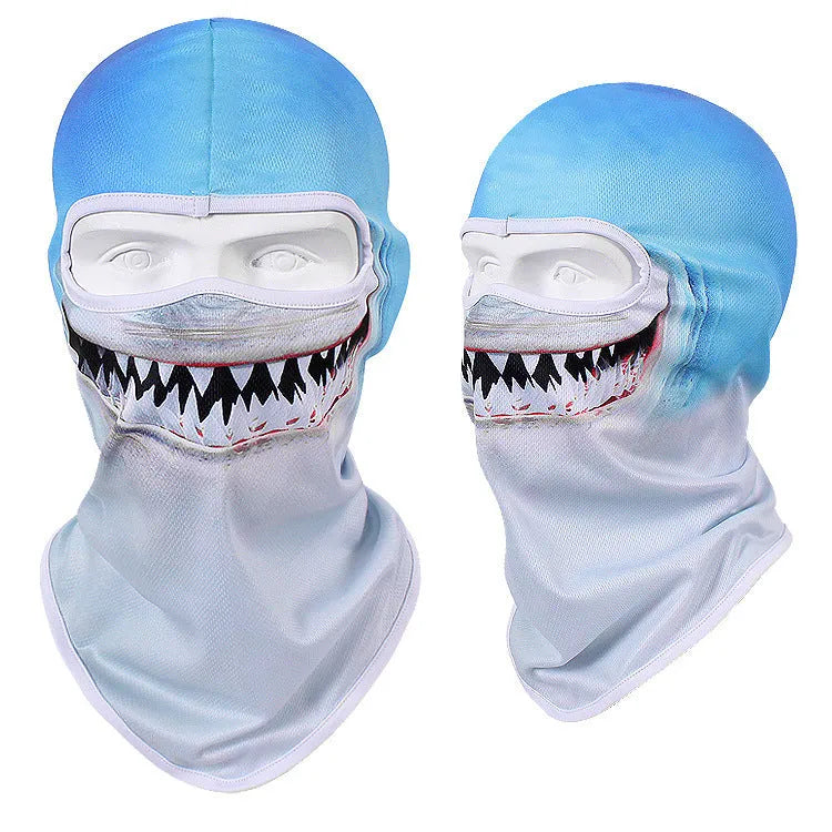 Breathable Bakool silk motorcycle skull mask in a graphic design, laid flat showing its 36cm by 29cm size.