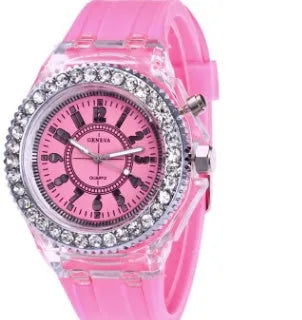 Women's LED luminous quartz watch with round 43mm dial on a silicone strap
