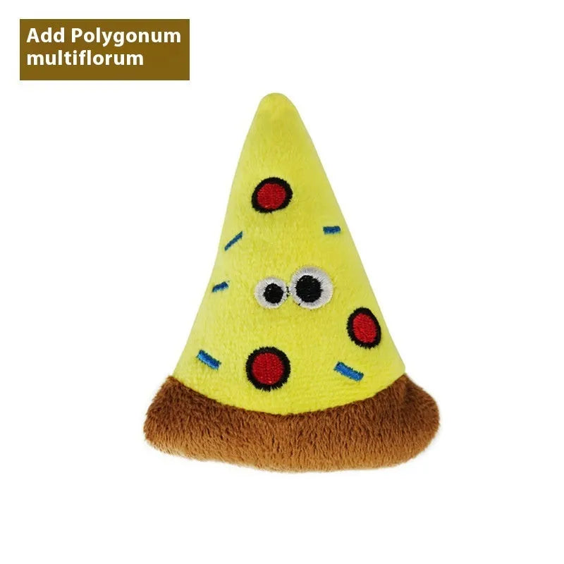 Tiantianmao set of six plush cat toys shaped like food: burrito, cone, cucumber, mushroom, pineapple, and pizza.