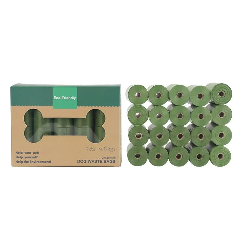 Degradable pet waste bags in green, black, blue, purple and orange colours with dispenser