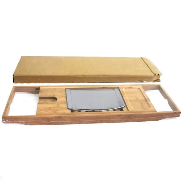 Natural bamboo bathtub caddy tray with one shelf resting on a bath edge.