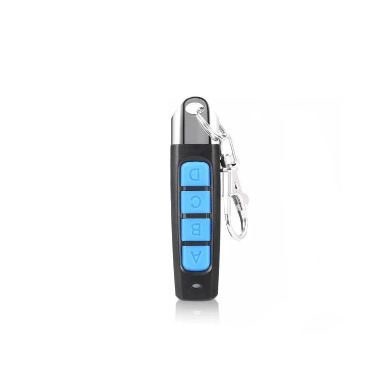 A compact black rolling door remote control measuring 6.7cm, showing buttons for copying and operation.