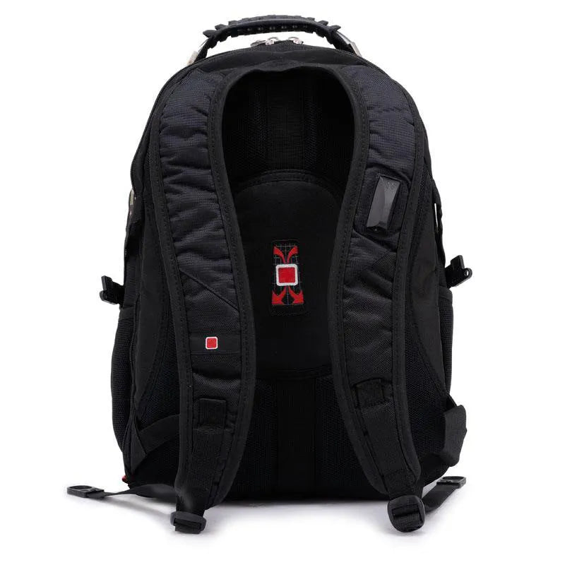 Black business computer backpack open to show three internal compartments and laptop sleeve.