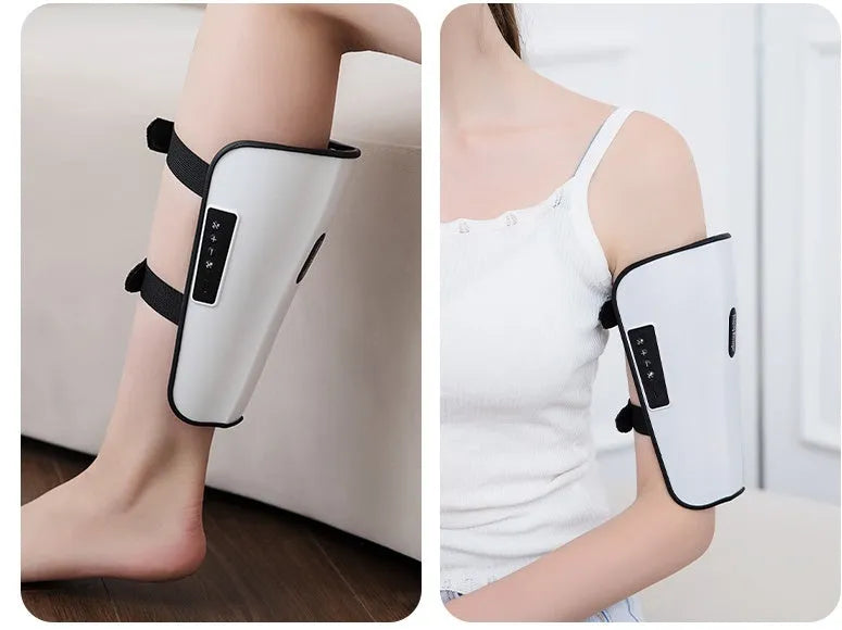 White plastic leg and calf massager unit with electrotherapy pulse and heating functions