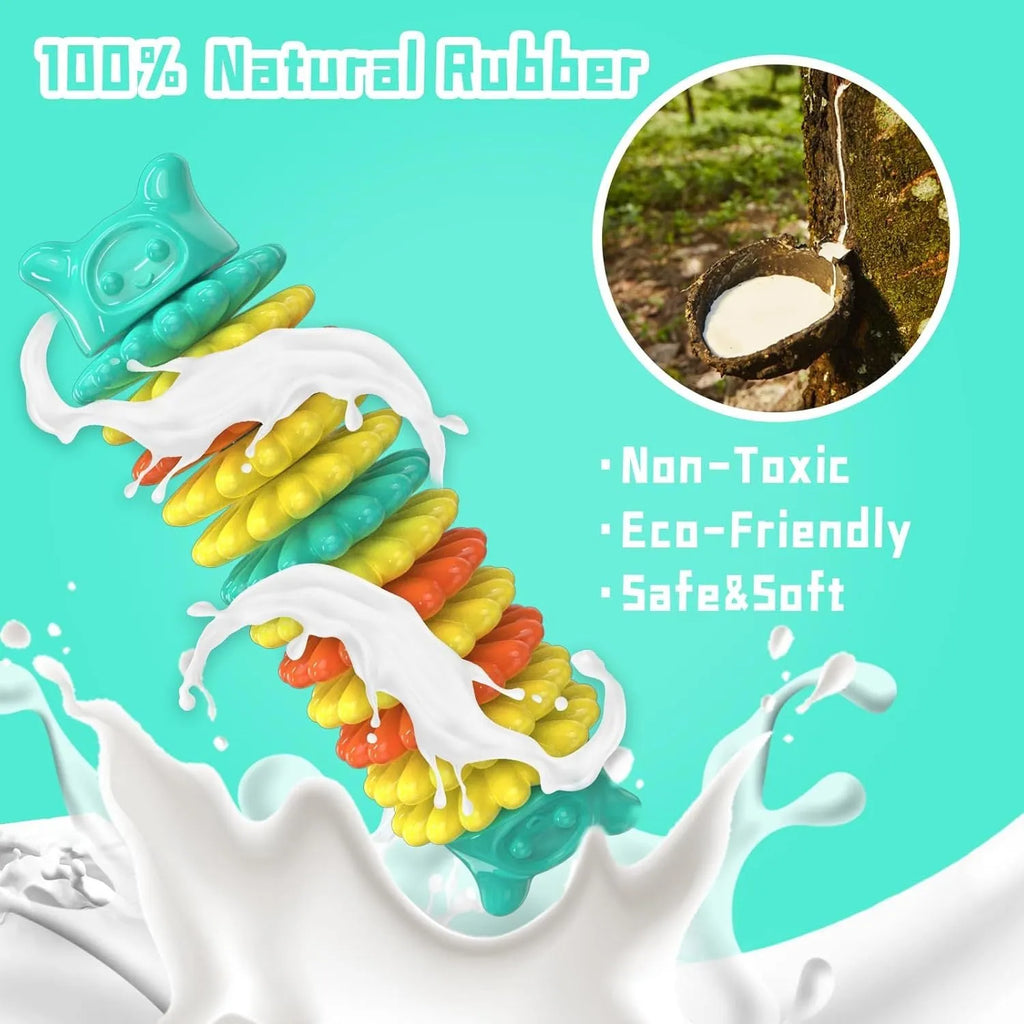 Blue rubber caterpillar-shaped dog chew toy for aggressive chewers on a plain background
