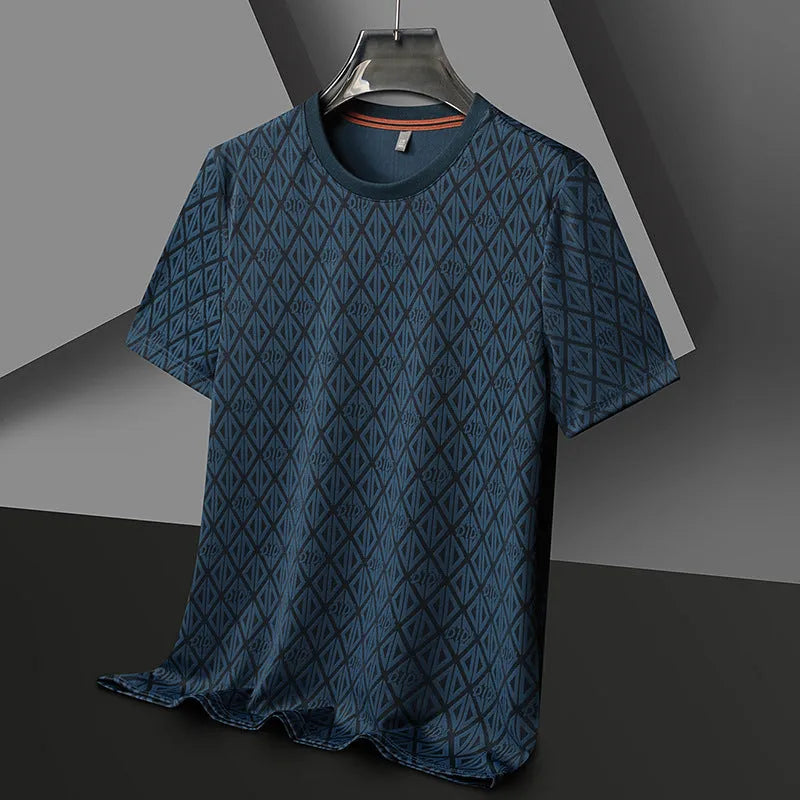 Man wearing a black loose-fit jacquard short sleeve t-shirt made from cool Ice Silk fabric.