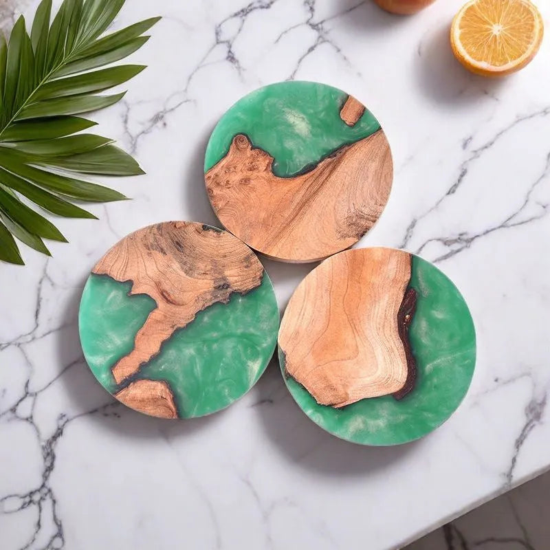 Nordic style wooden coaster with heat insulation resin in a solid colour design.