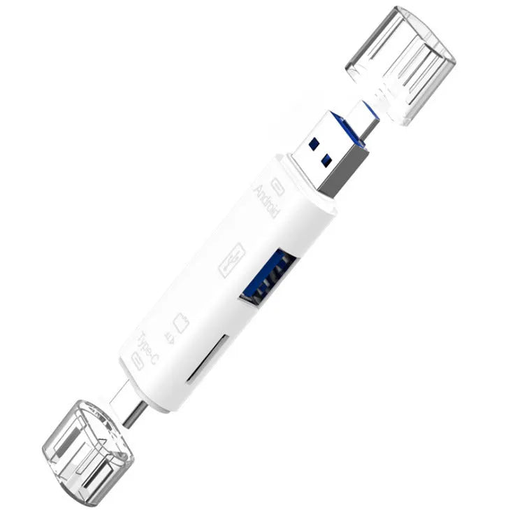 Black and white USB hub adapter with Type-C, Micro USB and TF card reader for MacBook and mobile devices