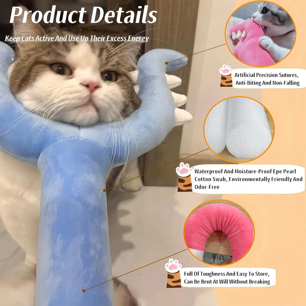 Blue or pink plush cat wand toy measuring 70cm long for interactive pet play