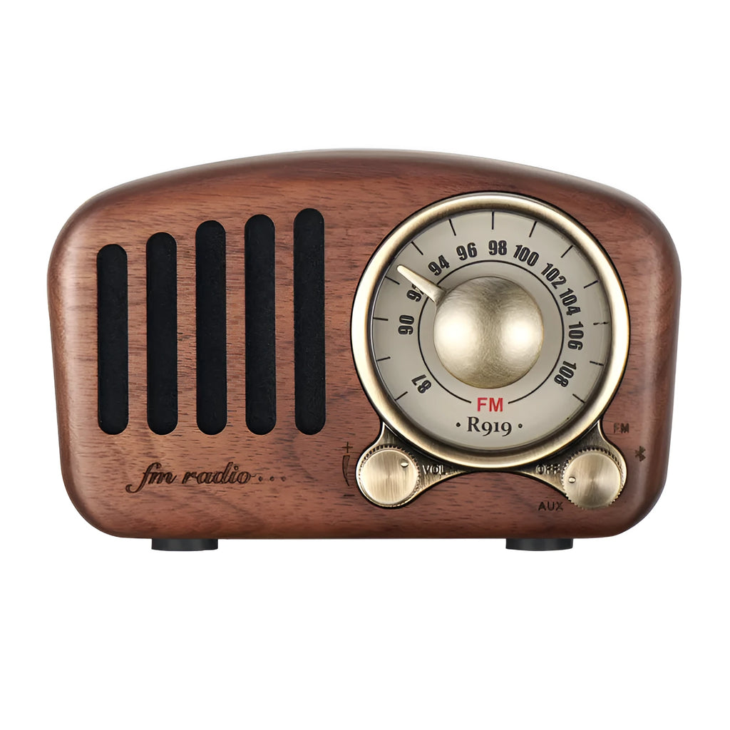 Retro wooden Bluetooth speaker in natural wood finish with compact dimensions