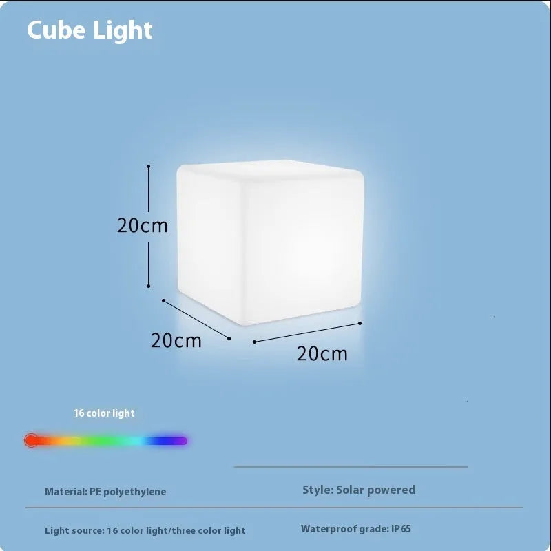 White square LED cube stool light for outdoor use, showing modern design with solar panel or charging port.
