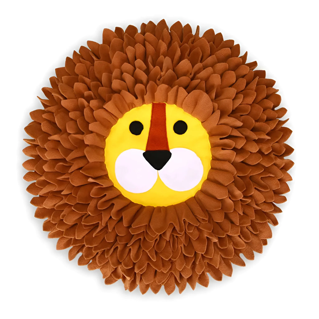 Brown lion-shaped pet sniffing pad with textured surface for treat hiding, 33 cm long