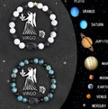 Set of twelve natural stone beaded bracelets, each with a zodiac sign charm, on a white background.