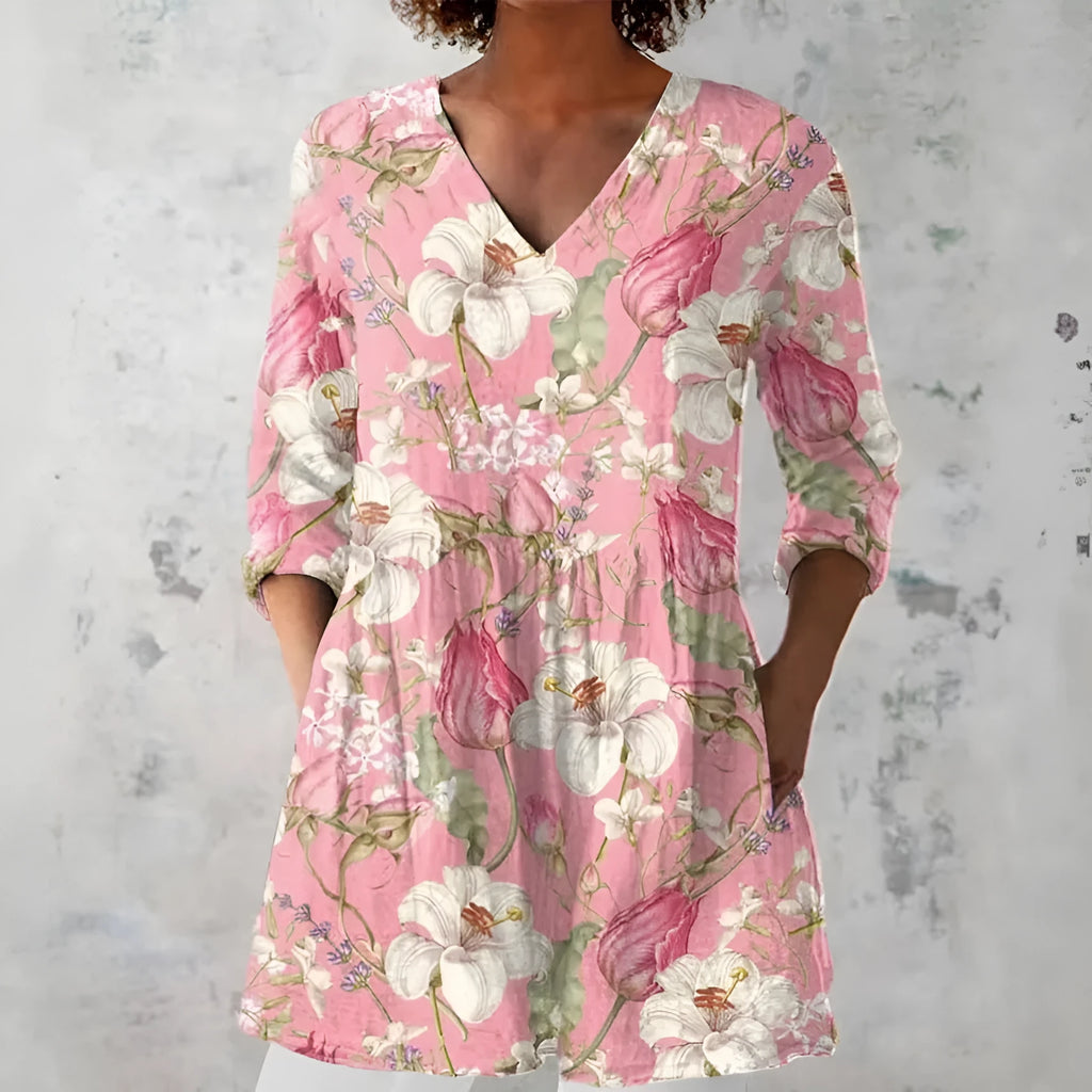 Women's retro slim fit printed long-sleeved polyester top on a hanger, showing digital print design.