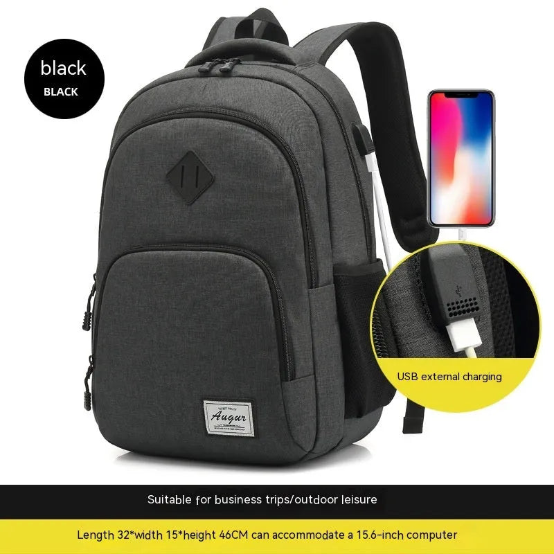 Black nylon backpack with USB charging port showing dimensions 32cm length 46cm height