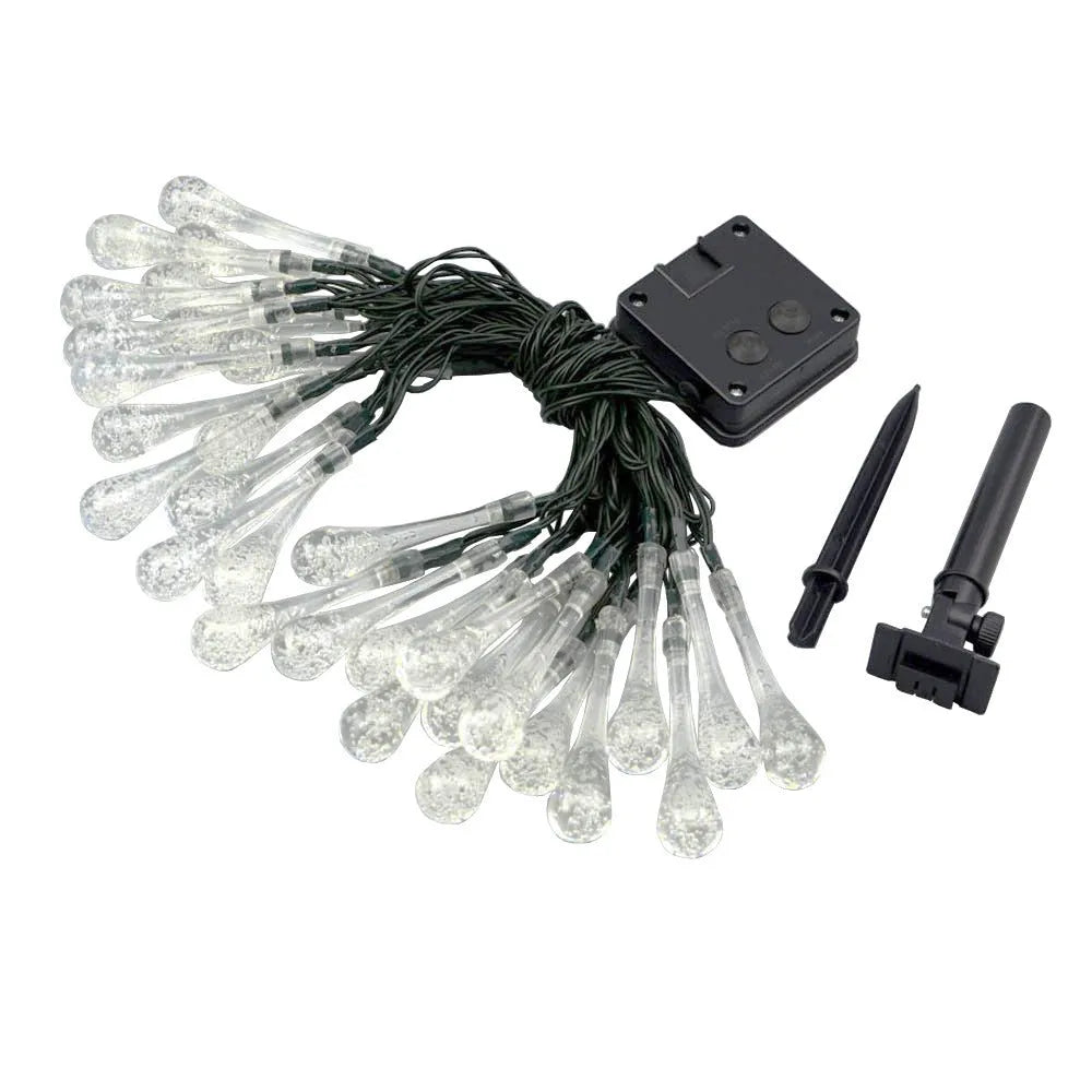 Solar-powered LED Water Drops string lights with ABS plastic pendants on a 6.5 metre wire for outdoor gardens.