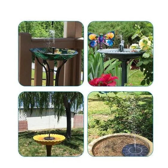 Black solar panel fountain pump with multiple nozzles for garden ponds and birdbaths.