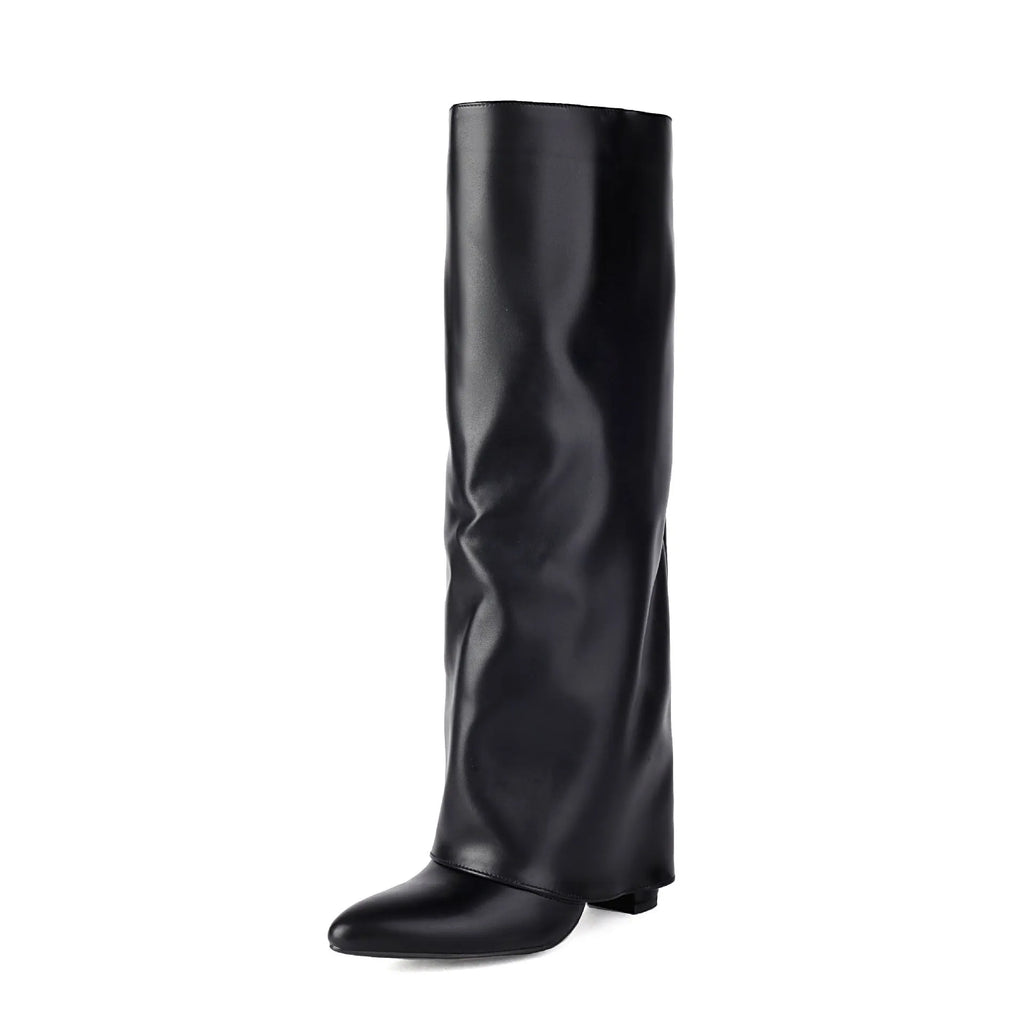 Women's plus size high heel winter boots in black PU leather with sewing line details