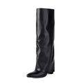 Women's plus size high heel winter boots in black PU leather with sewing line details