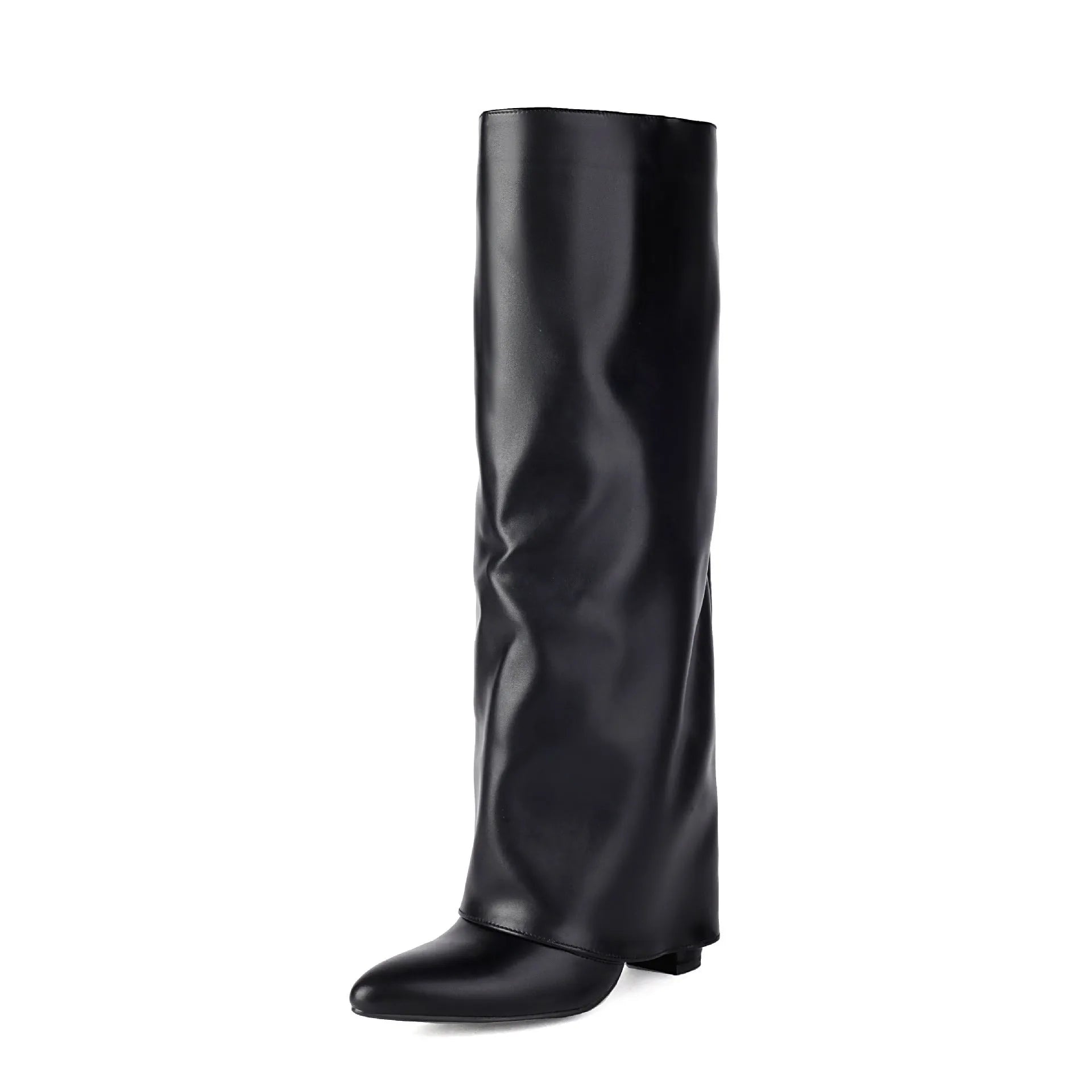 Women's plus size high heel winter boots in black PU leather with sewing line details