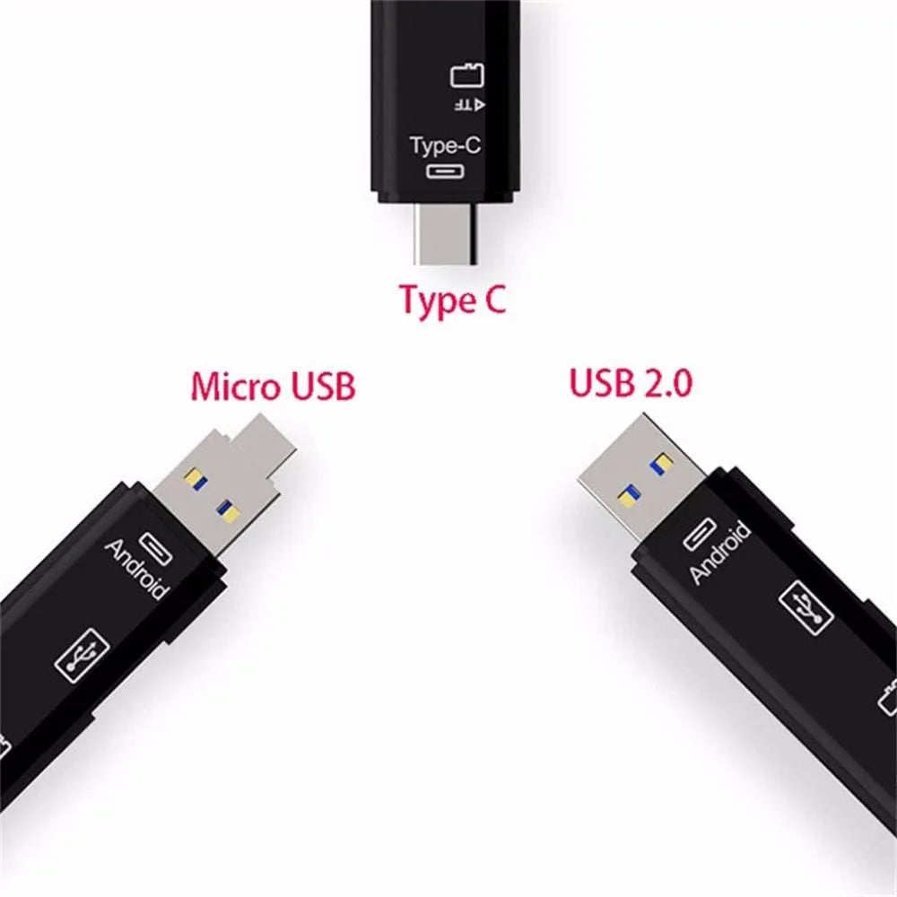 Black and white USB hub adapter with Type-C, Micro USB and TF card reader for MacBook and mobile devices