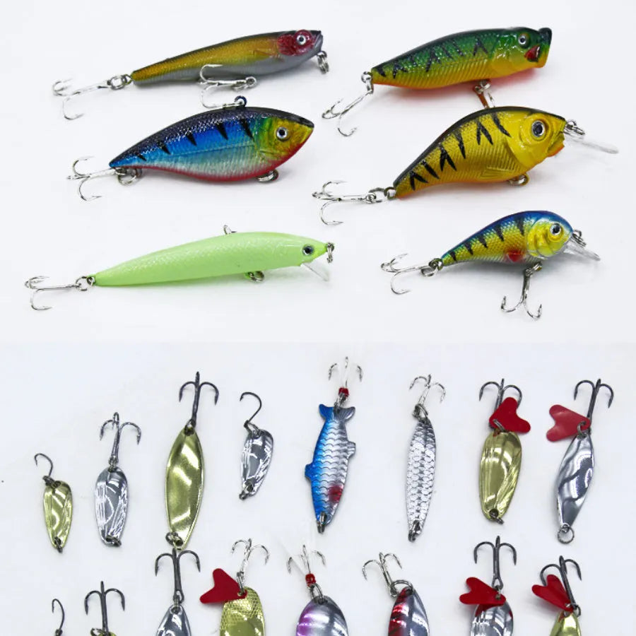 132-piece fishing lure set in rose red colour with plastic lures and steel hooks