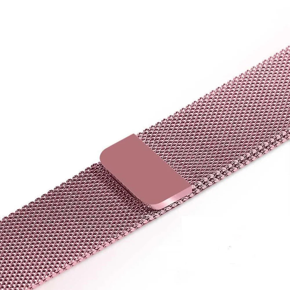 Stainless steel Apple Watch strap with buckle on a 42mm watch case in silver finish