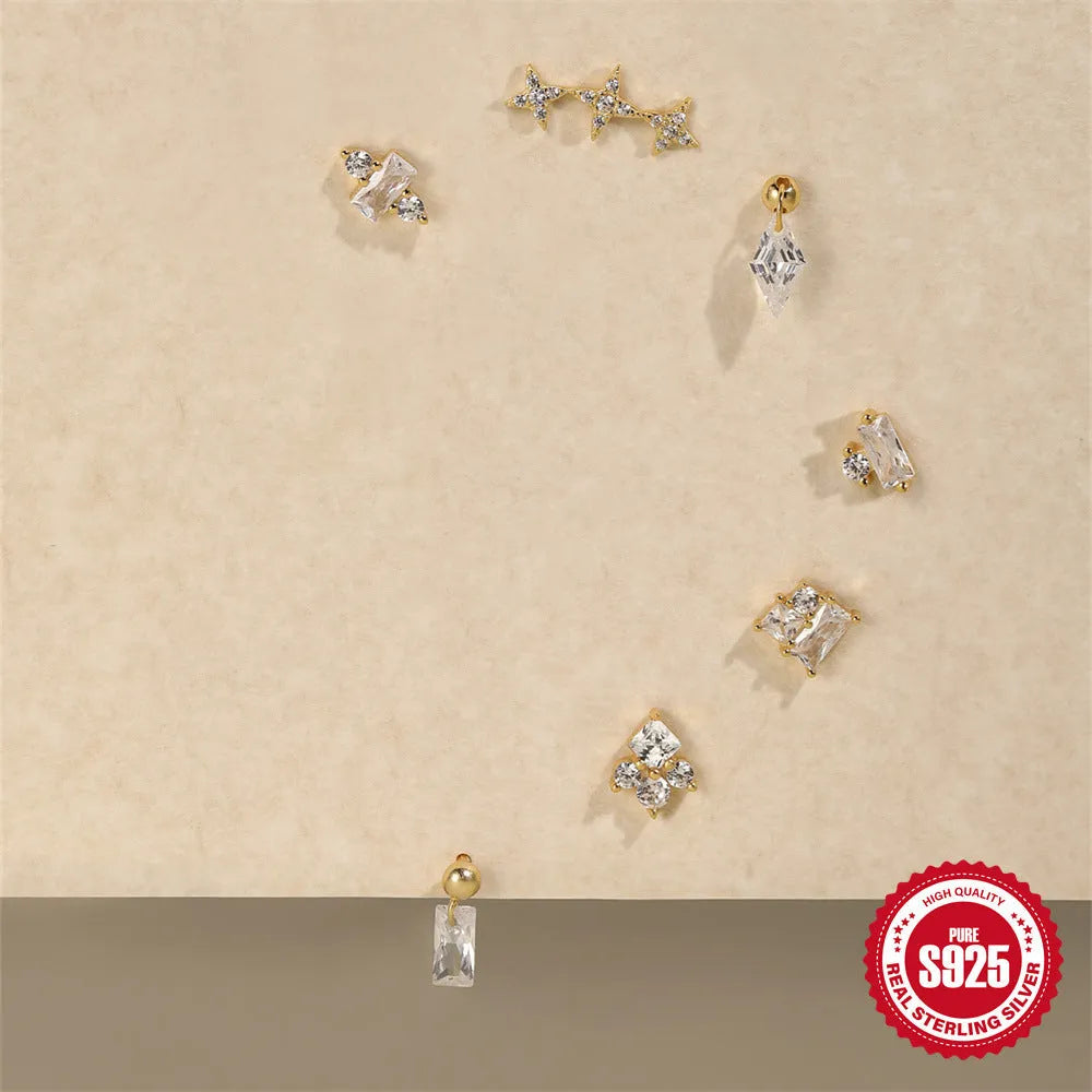 S925 sterling silver square gravel stud earrings with red flower design in golden electroplated finish