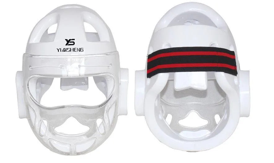 White, blue, and red karate boxing helmets for head protection in four sizes