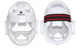 White, blue, and red karate boxing helmets for head protection in four sizes