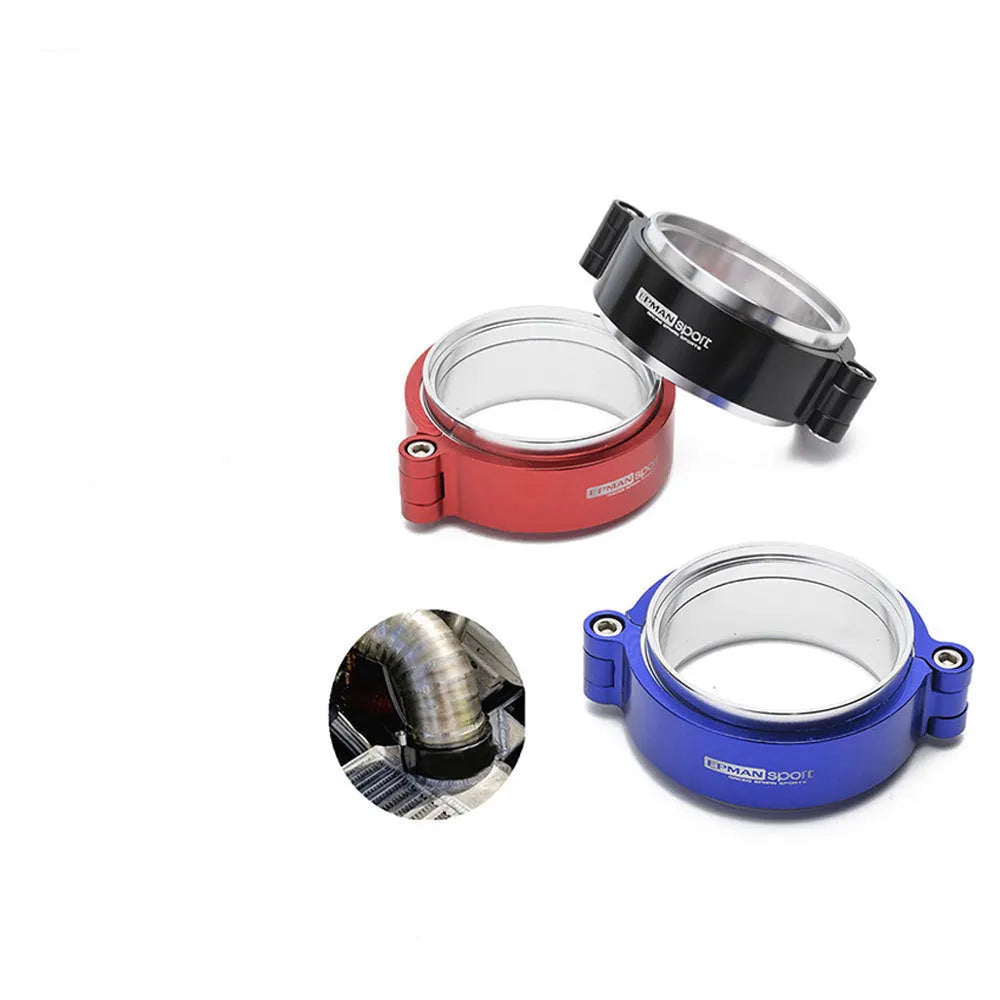 Aluminium fixed movement exhaust clamp for turbo applications in black, blue, or red.