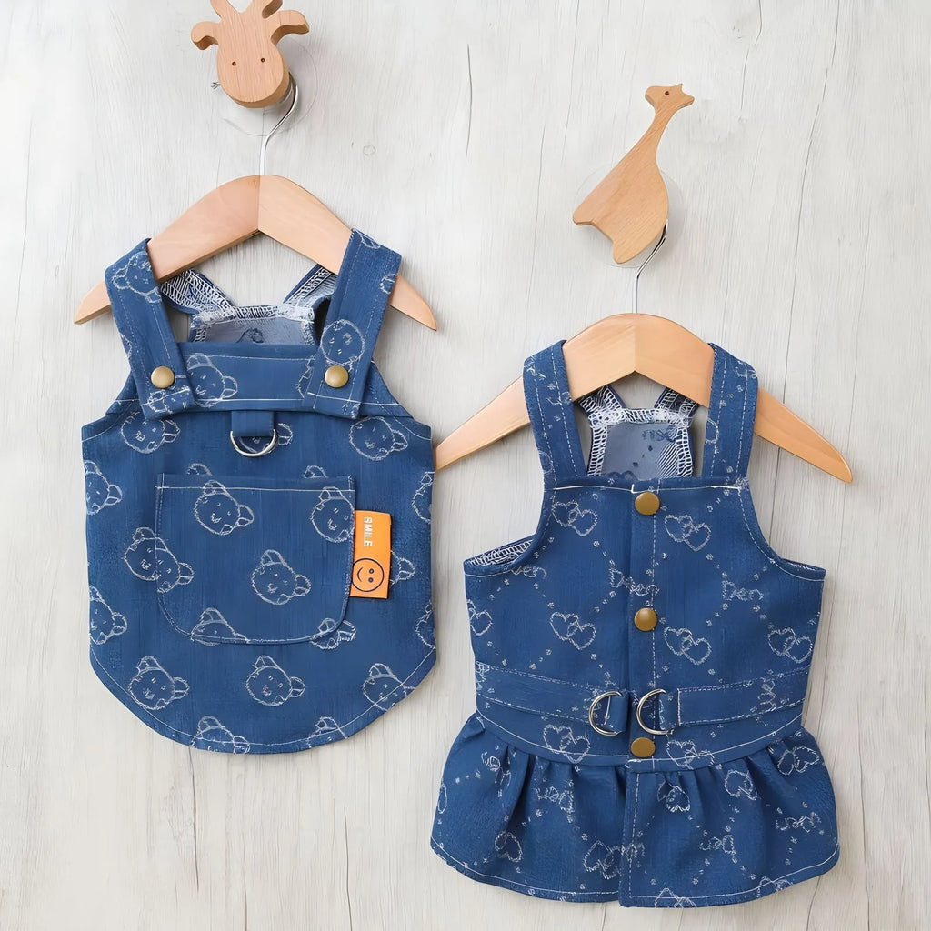 Teddy Bichon small dog wearing denim princess dress with bracket design for spring and autumn seasons