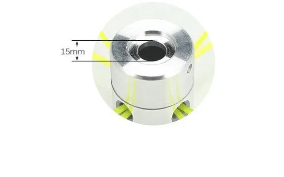 Silver aluminium lawn mower grass rope head with four light yellow square cutting lines and a wrench.