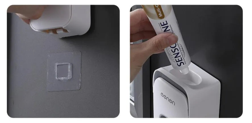 Automatic touchless toothpaste dispenser in blue colour mounted on a bathroom wall.