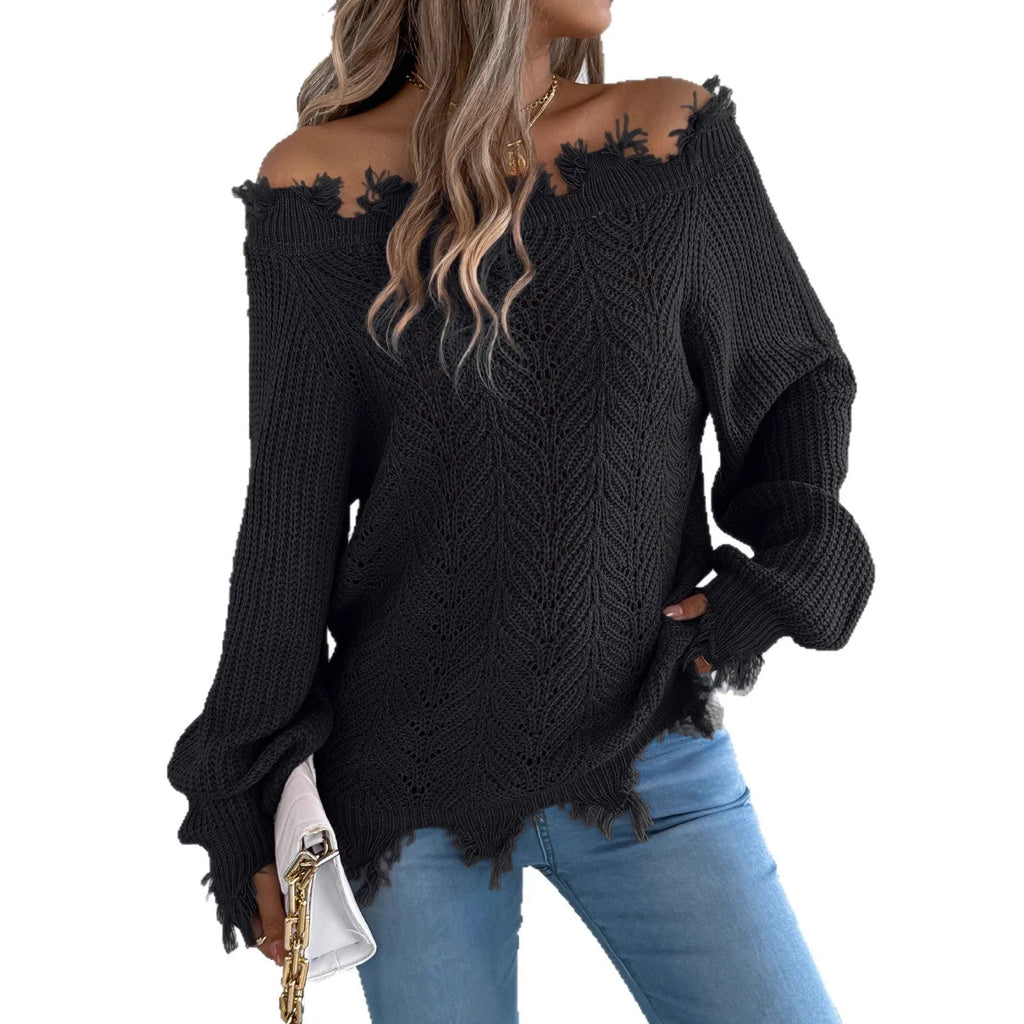Women's white hollow-out pattern pullover sweater with cut off-the-shoulder design