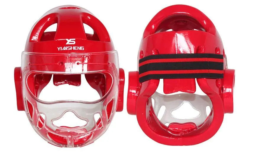 White, blue, and red karate boxing helmets for head protection in four sizes