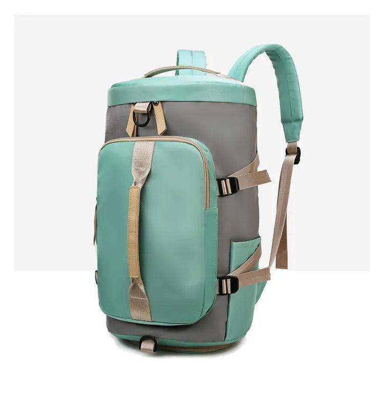 Black waterproof nylon backpack with combination lock, shown as a backpack and shoulder bag, featuring multiple pockets.