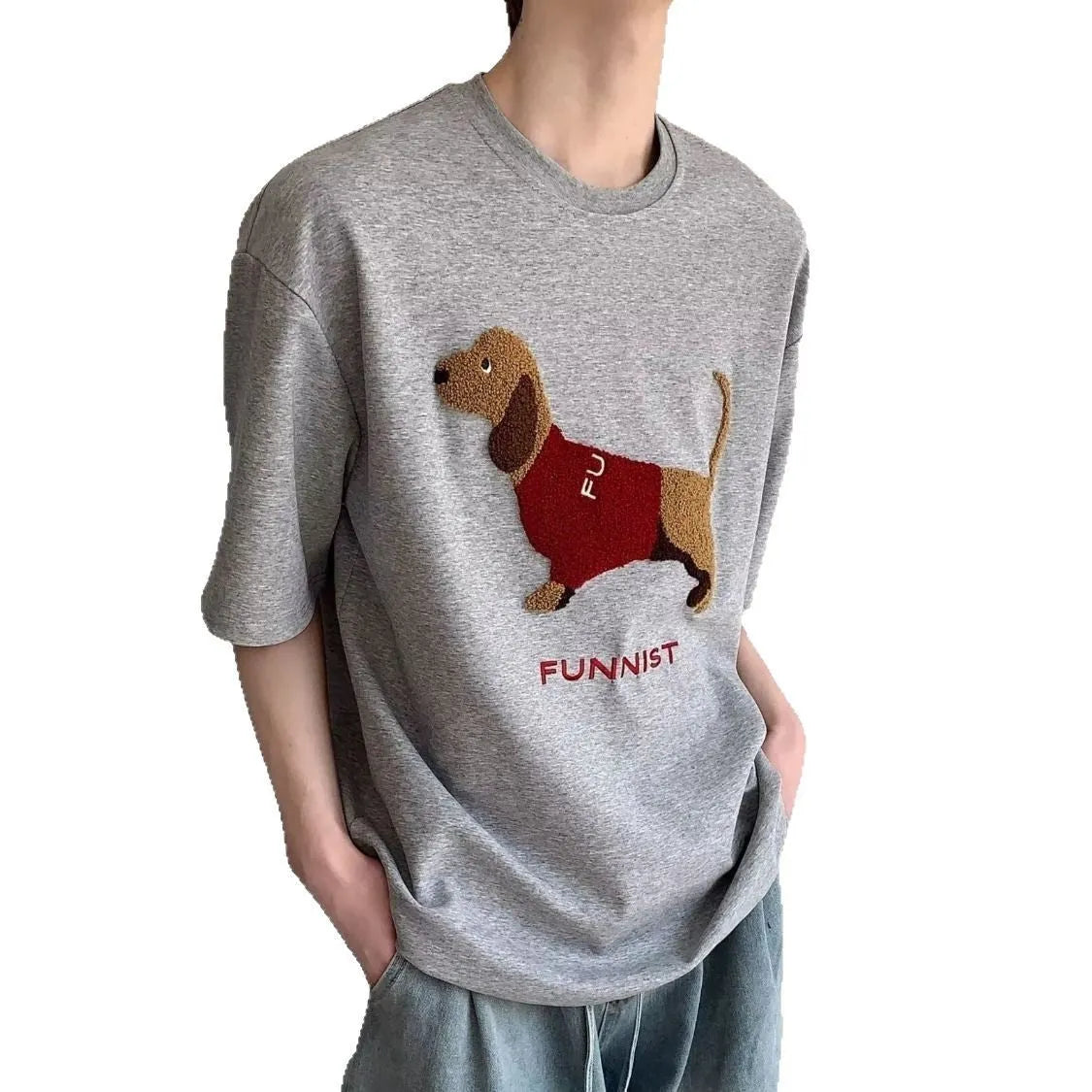 Gray men's T-shirt with an embroidered textured sausage dog design on the front.