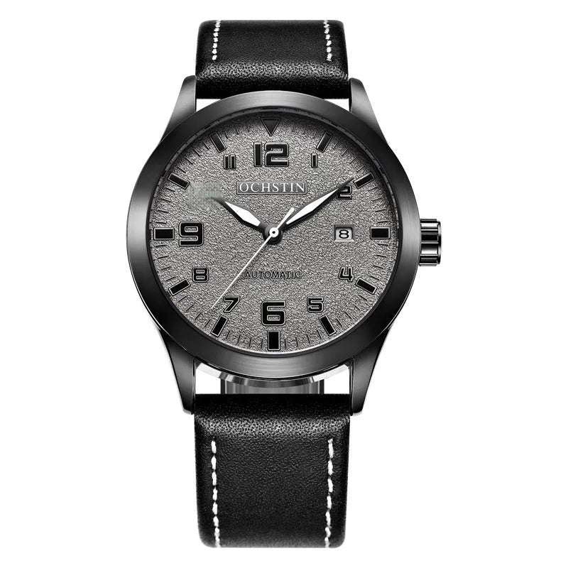 Men's automatic mechanical watch with leather strap and 12mm stainless steel case