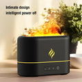 Black USB humidifier with 7-colour flame effect showing mist output from single fog outlet