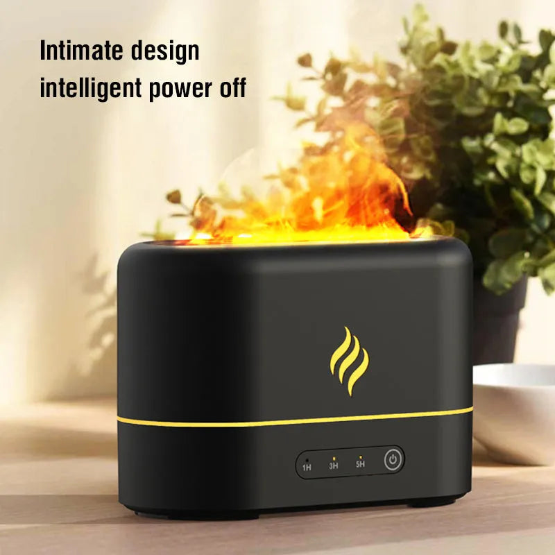 Black USB humidifier with 7-colour flame effect showing mist output from single fog outlet