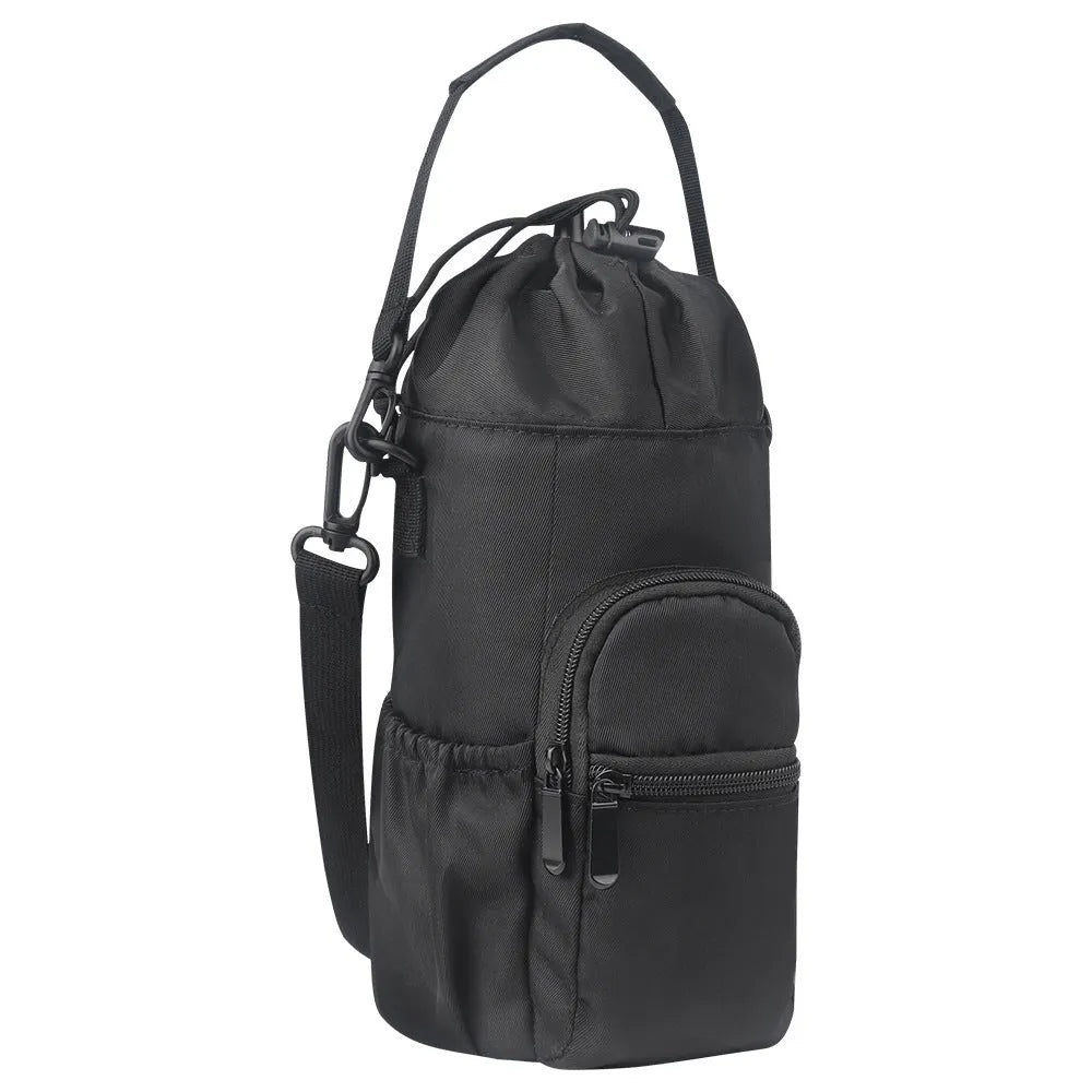 Black cloth water bottle pouch with crossbody strap and side handle on a model.