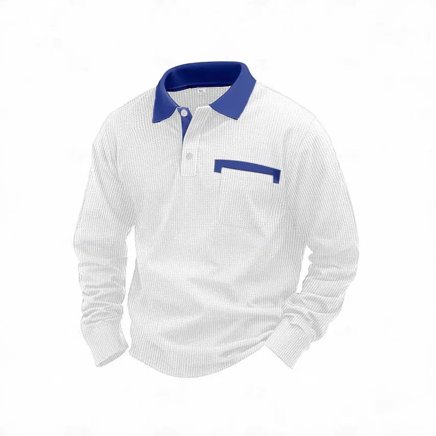 Man modelling a long-sleeved waffle-texture polo shirt in a loose, retro style.
