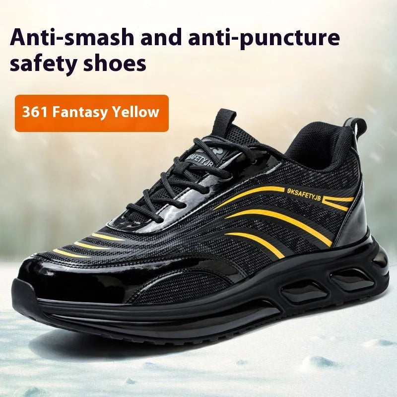 Orange and grey lightweight leather labour protection shoes with rubber soles on a white background